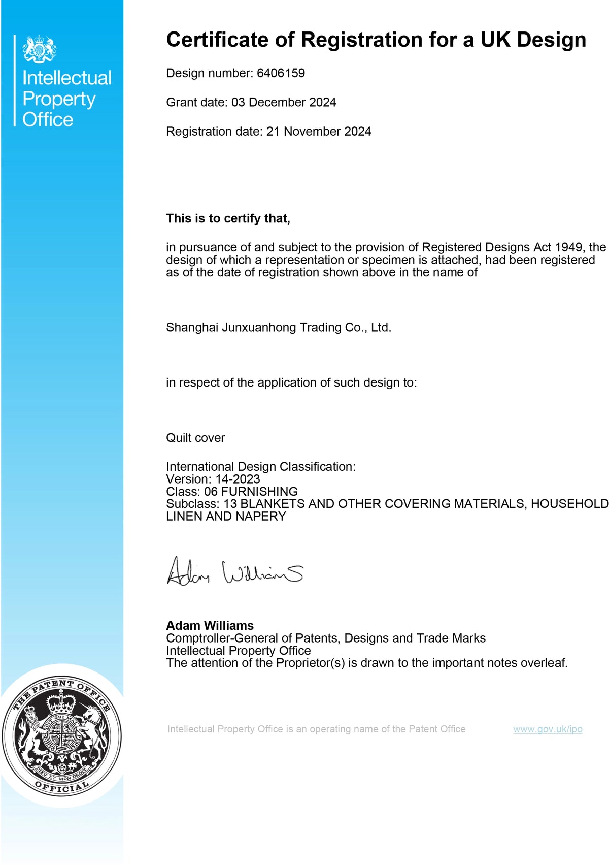Redssen Brand UK Design Patent Certificate